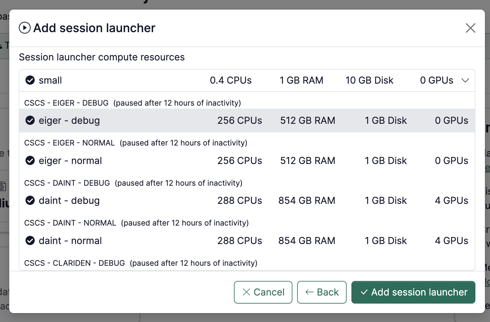 Screenshot of CSCS resource pool selection